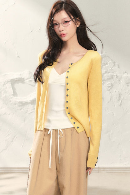 Yellow Long-Sleeve Knit Cardigan Set with Camisole and Pants Set-Up