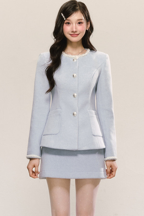 Pearl Round Neck Woolen Coat and Skirt Set-Up