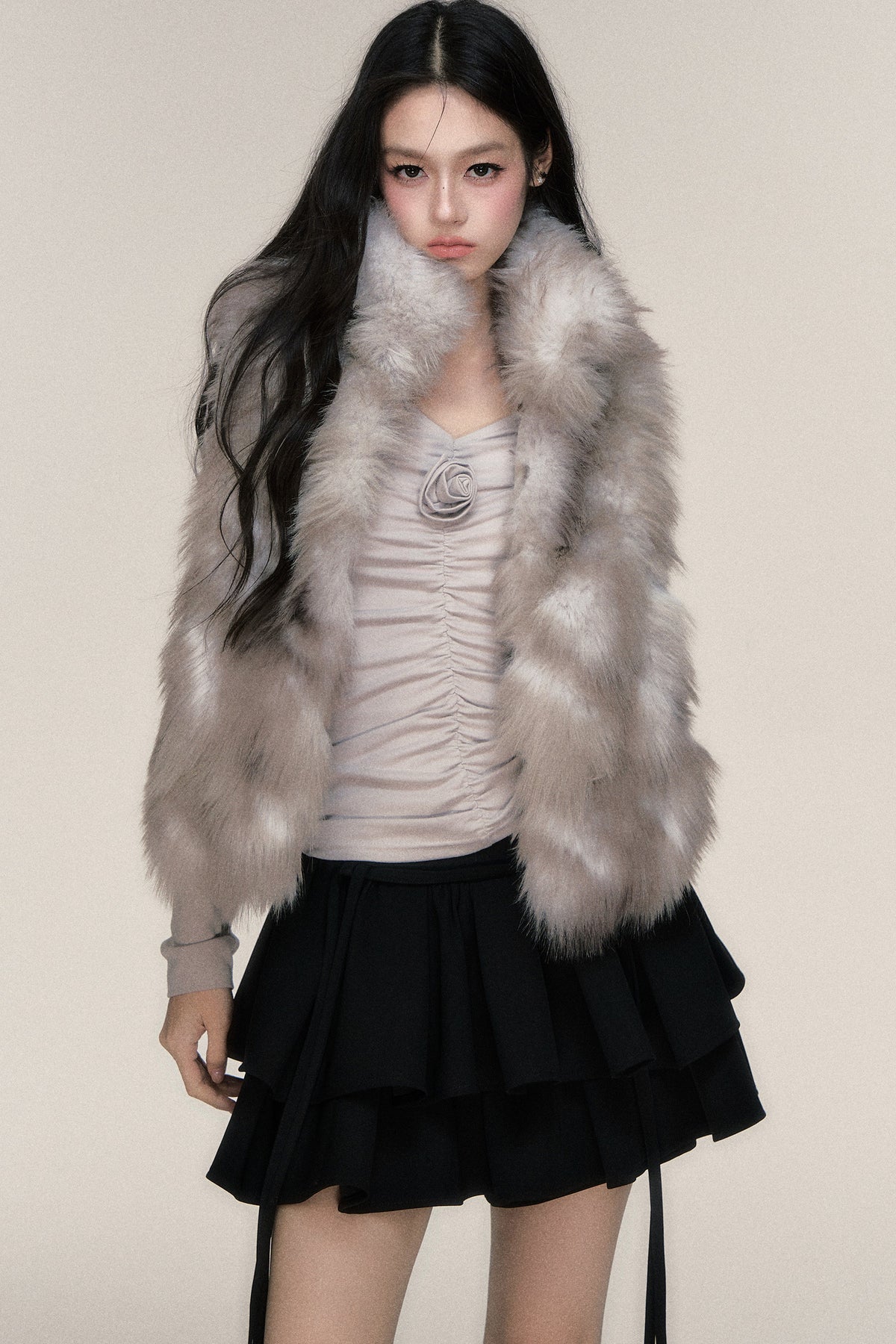 Gray Textured Fur Stand Collar Vest