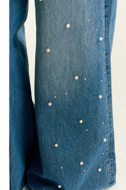 Pearl Rhinestone Wide Leg Jeans