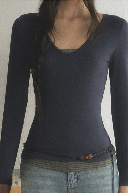 Layered-Look V-Neck Long-Sleeve T-Shirt