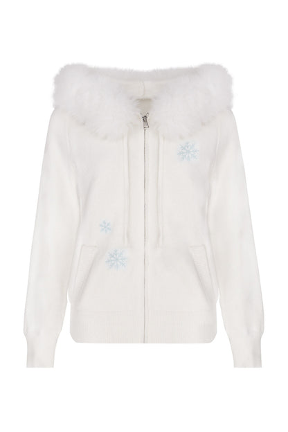 Ensemble haut en maille à flocons avec capuche et col en fourrure