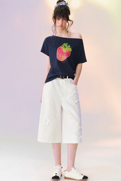 Strawberry Print One-Shoulder Blouse