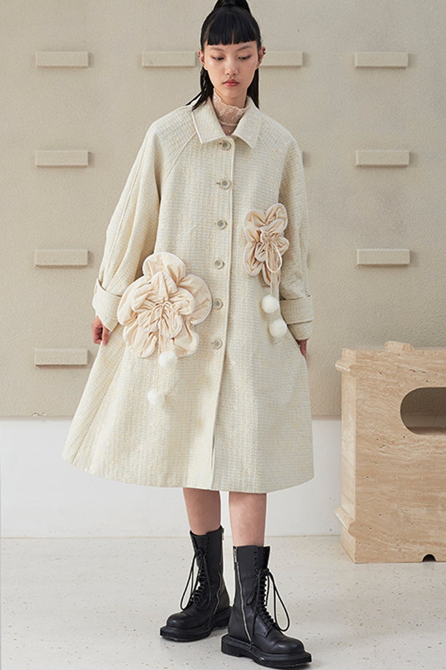 Floral Pleated Wool Coat