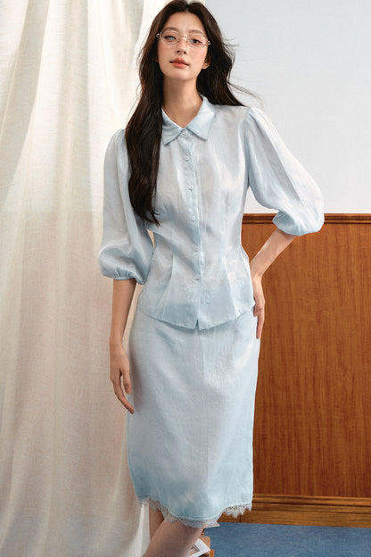 Lace Trim Puff Sleeve Top and Skirt Set-Up