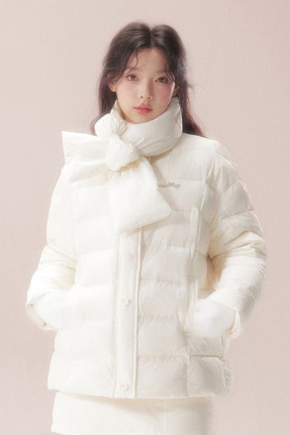 Bow-Knot Scarf Mid-Length Down Jacket