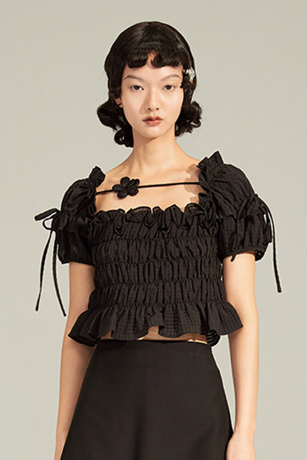 French-Style Black Ruffled Smocked Blouse