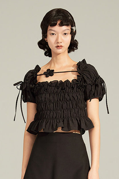 French-Style Black Ruffled Smocked Blouse