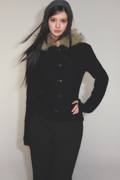 Retro Horn Button Fur Collar Knitted Cardigan