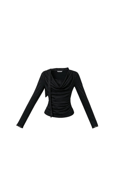 Lace Draped Neckline Long Sleeve Top