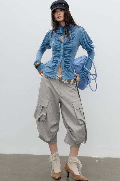 Pleated High-Neck Knit Top