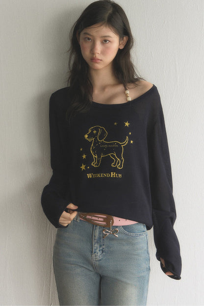 Off-Shoulder Dachshund Top and Flared Jeans Set-Up