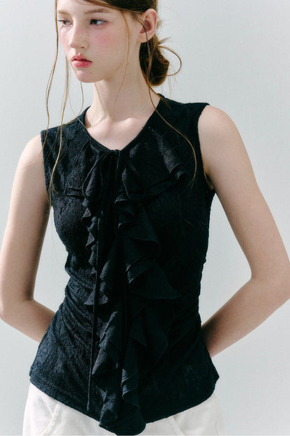 White Peach Wool Lace Ruffle Vest