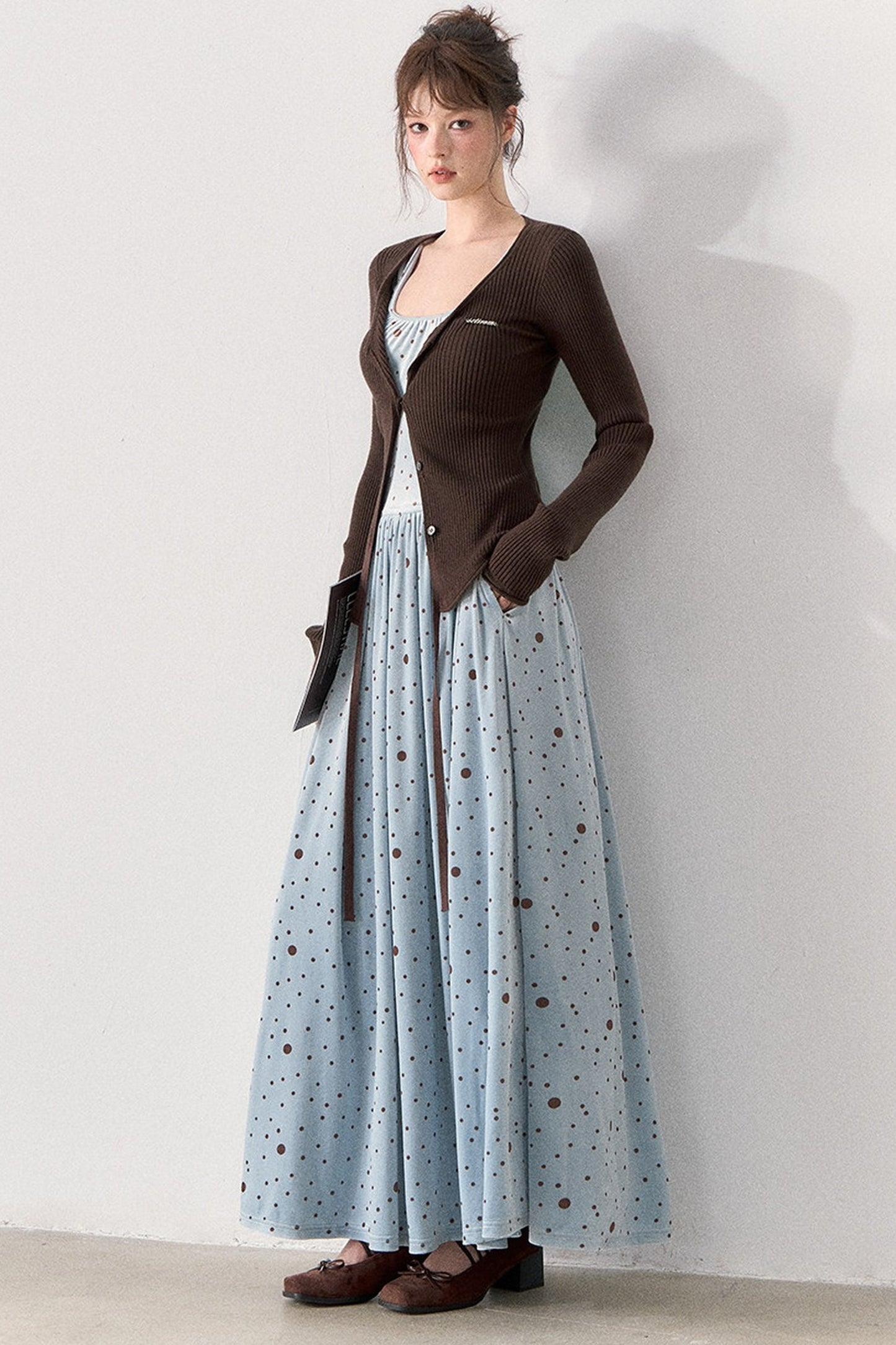 Slim Fit Polka Dot Dress and Knit Cardigan