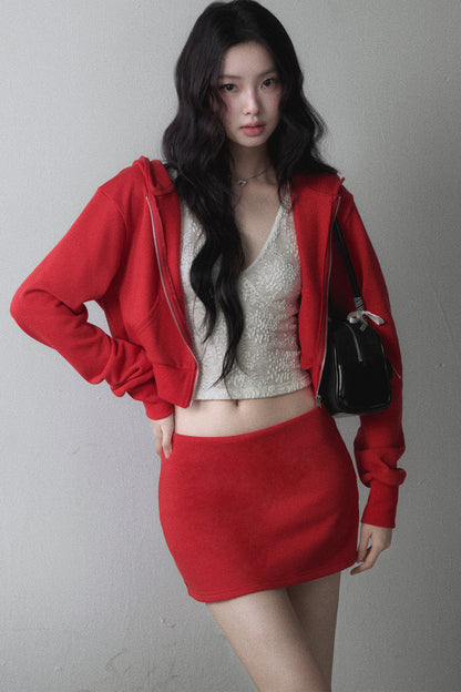 Red Hooded Zip-Up Sweatshirt and Hip-Hugging Skirt Set-Up
