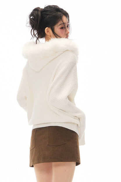 Ensemble cardigan en maille à col en fourrure et jupe