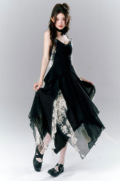 Französisches Gothic-Trägerkleid-und-Rock-Set