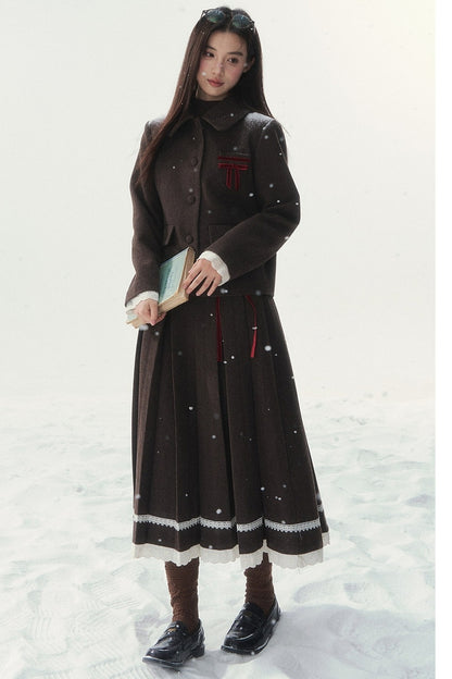 Bambi Wool Coat with Fur Collar and Pleated Skirt Set-Up