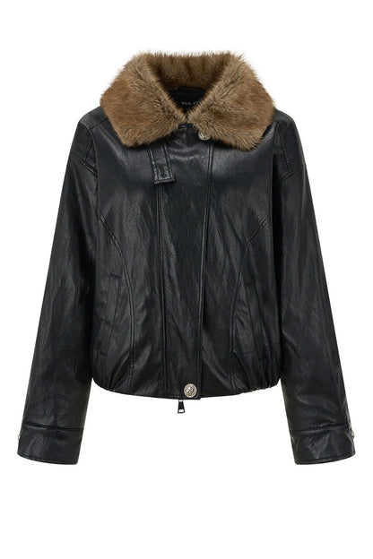 Textured Leopard Fur Collar PU Jacket