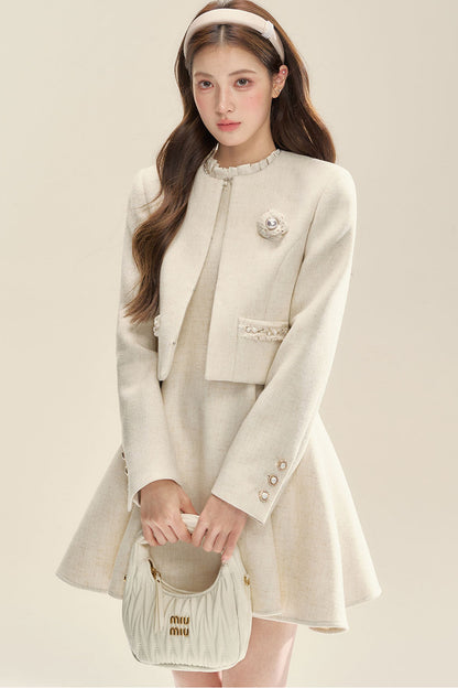 Ruffled Collar Jacket and Dress Set-Up