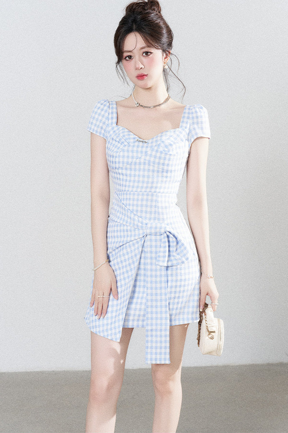 Blue Plaid Square Neck Irregular Dress