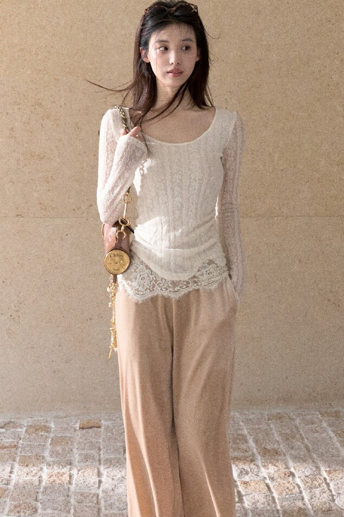 Jacquard Spliced Lace Knit Top