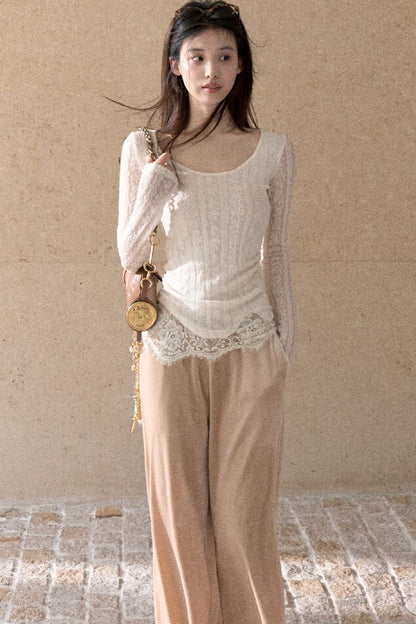 Jacquard Spliced Lace Knit Top