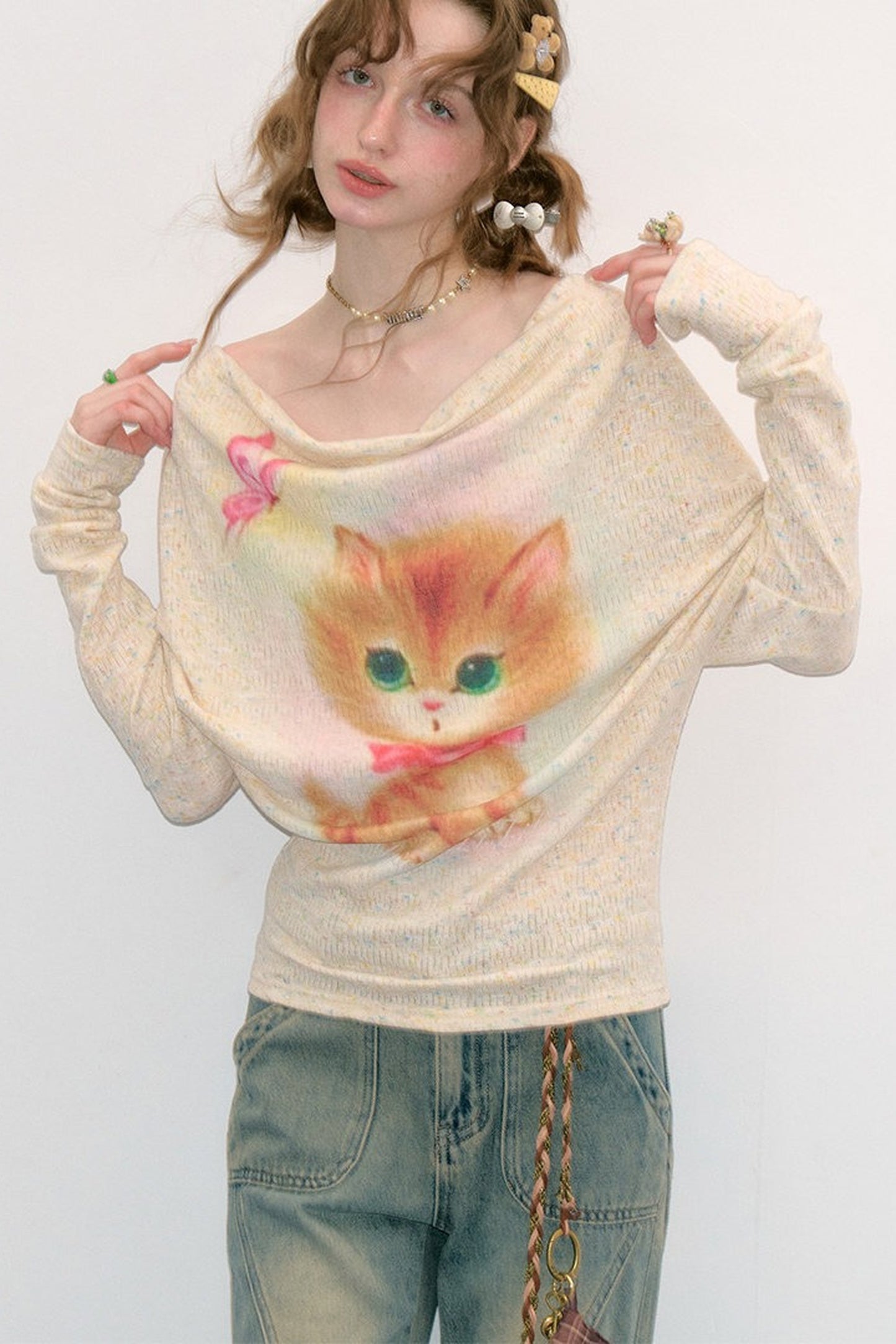 Cat Print Long Sleeve Blouse