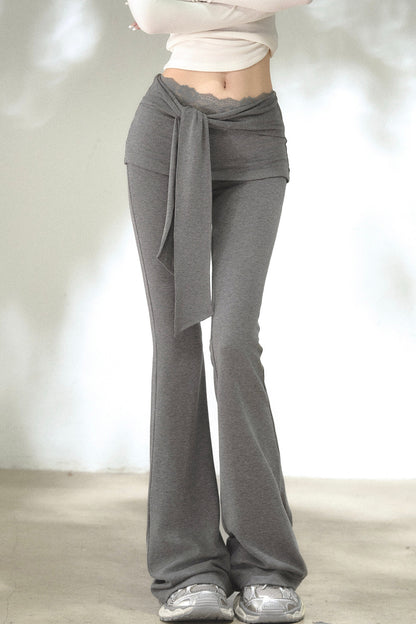 Fold-Over Waist Lace Tie-Up Flared Pants