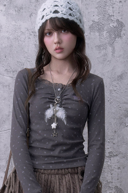 Gray Purple Lace Henley T-shirt