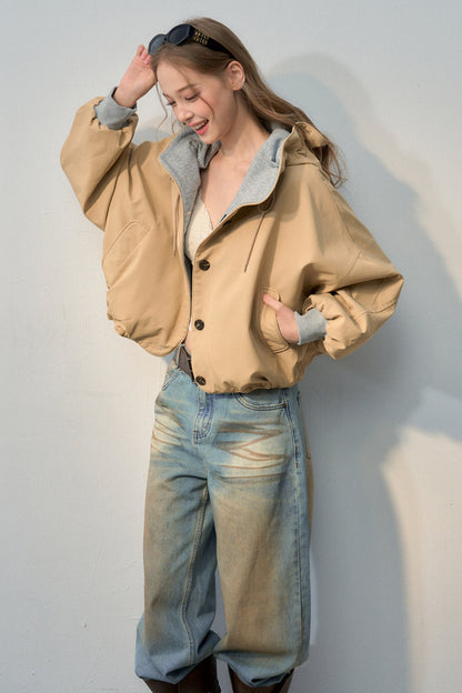 Short Color-Block Hooded Jacket