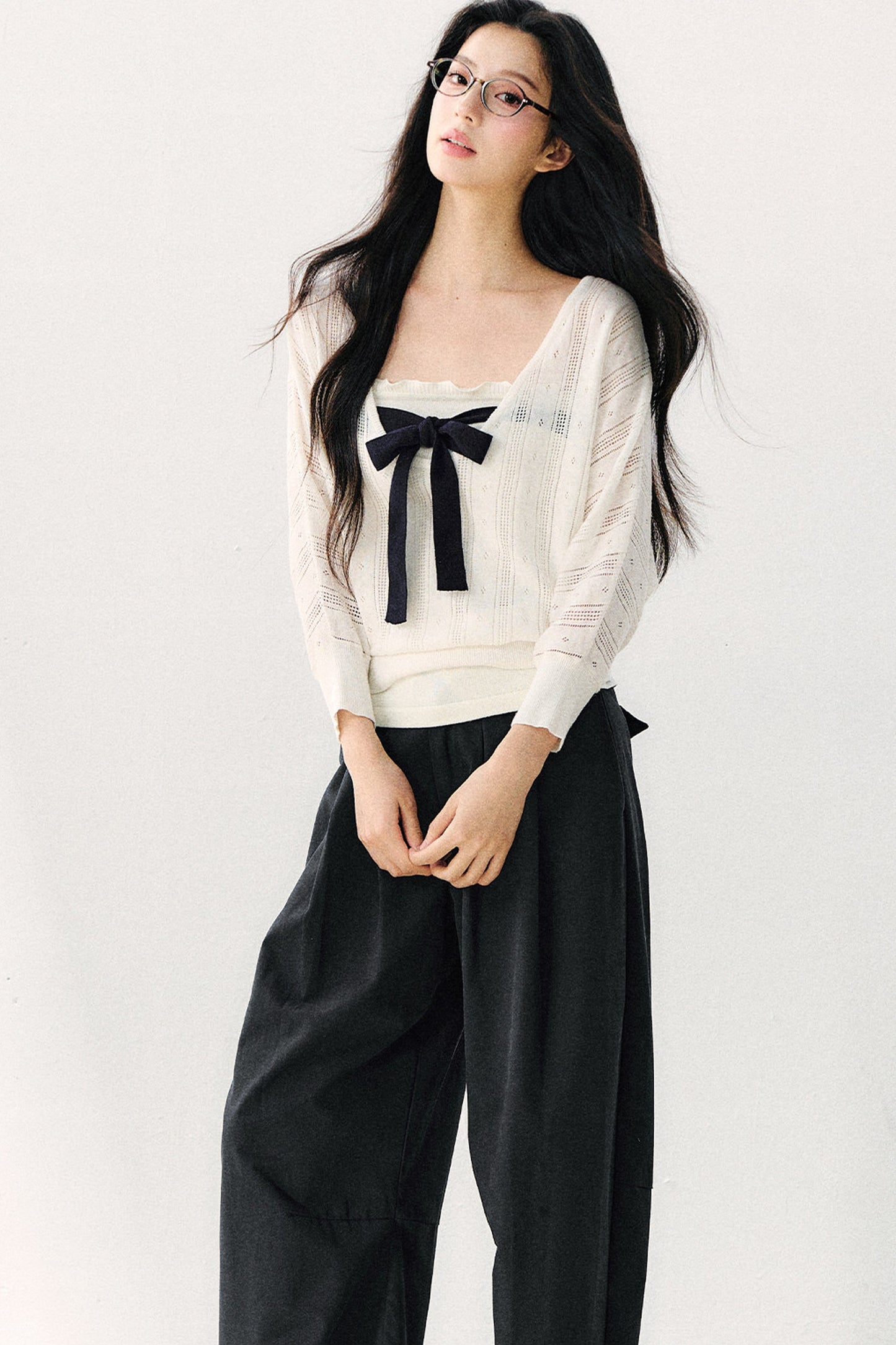 Bowknot Hollow-Out Knit Cardigan And Inner Top Set