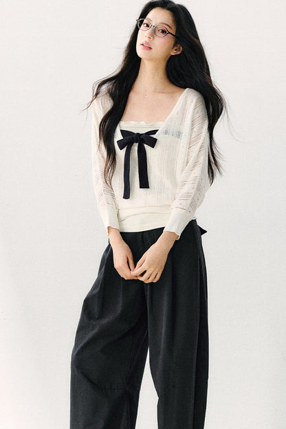 Bowknot Hollow-Out Knit Cardigan And Inner Top Set