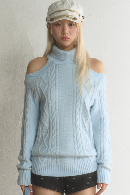 High-Neck Cut-Out Cable Knit Top and Pants Set-Up