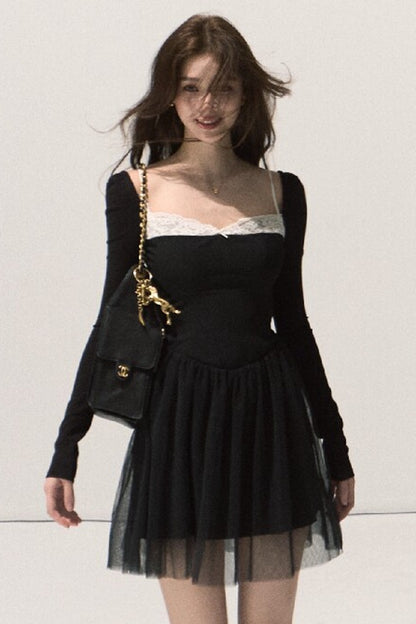Lace-Trimmed Black Knit Dress