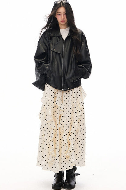 Black PU Lapel Biker Jacket, Polka Skirt and Dress Set-Up