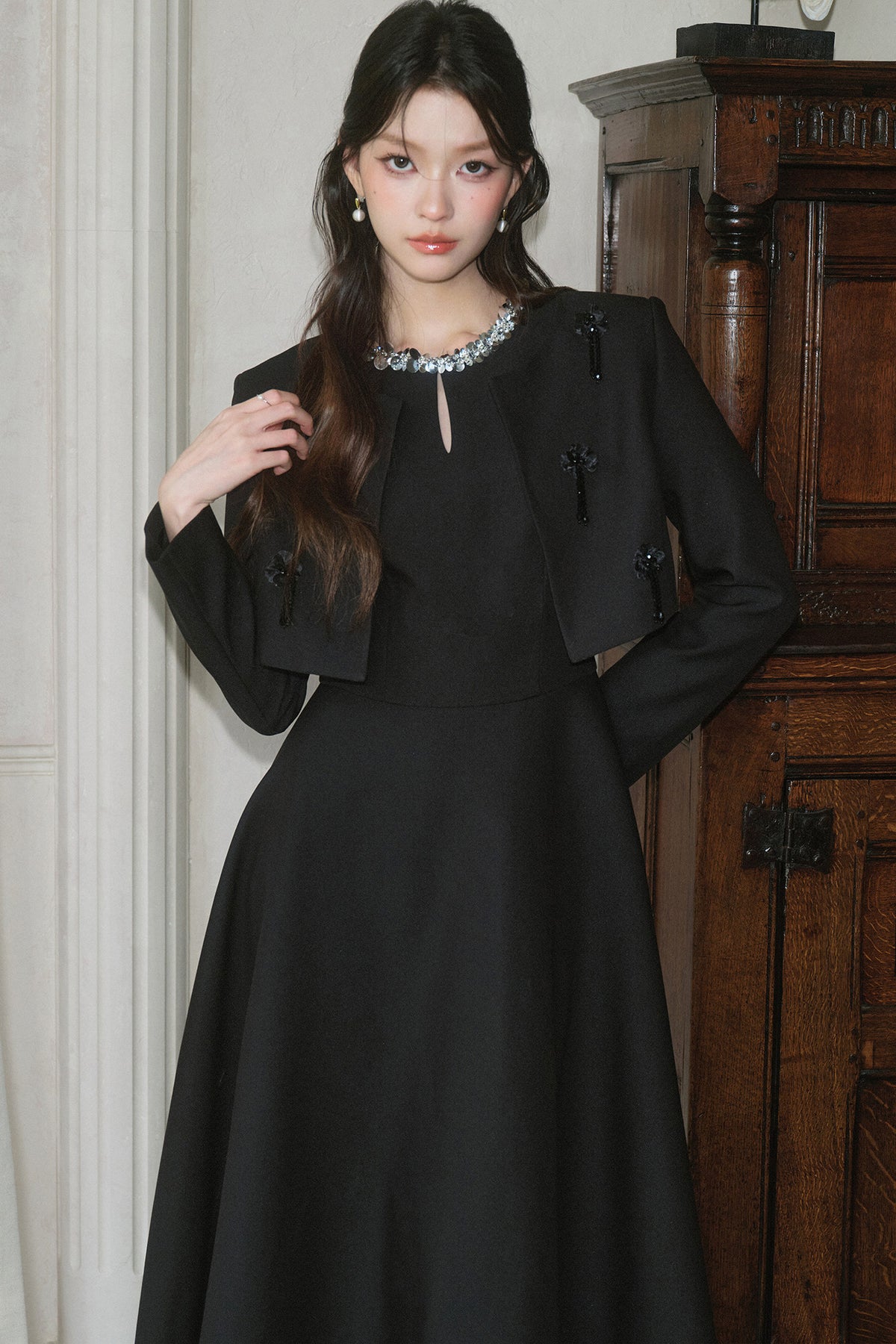 Black Rhinestone Petal Jacket