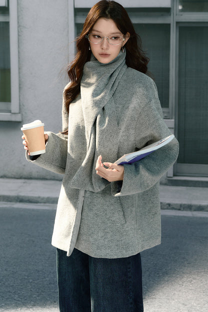 Asymmetrical Scarf Collar Woolen Jacket