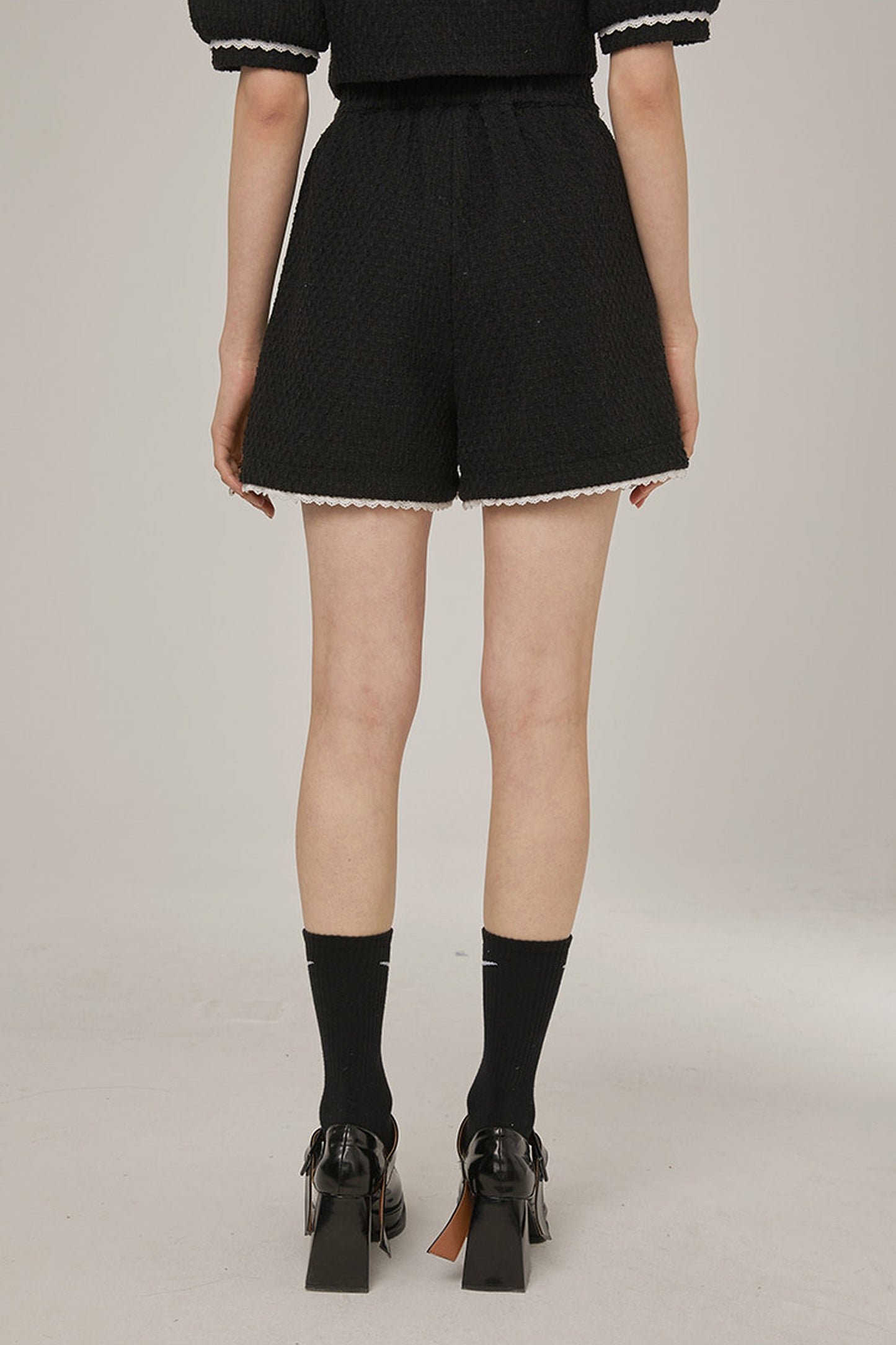 High-Waisted Lace Trim Tweed Shorts