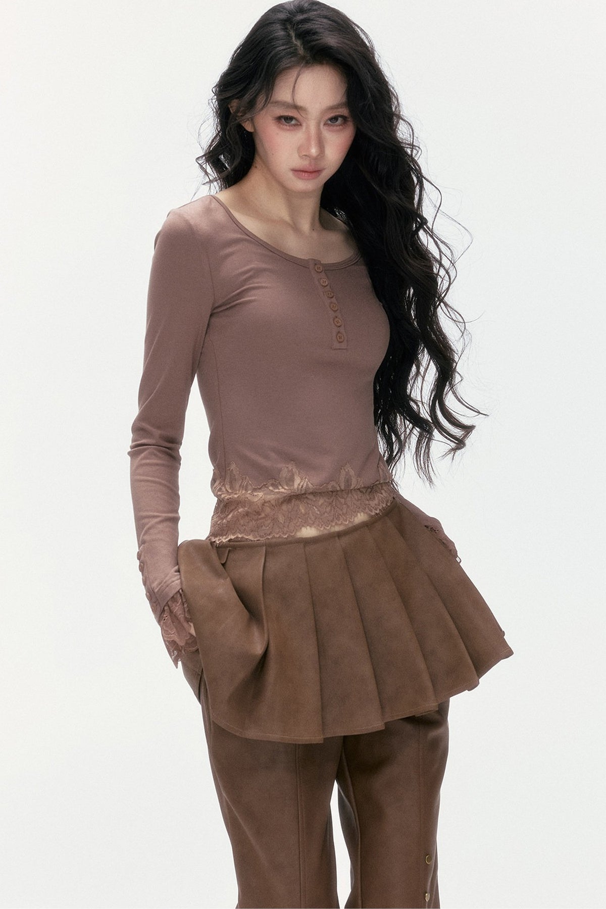 Asymmetrical Lace Henley Long-Sleeved Shirt