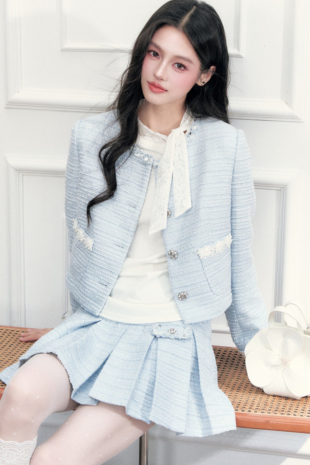 Beaded Tweed Jacket Pleated Skirt Set-Up