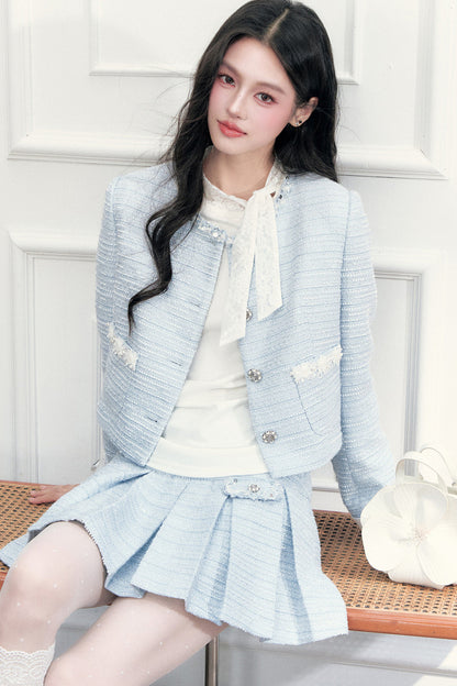 Beaded Tweed Jacket Pleated Skirt Set-Up