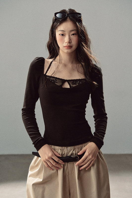 Layered-Look Long-Sleeve Halter Lace T-Shirt