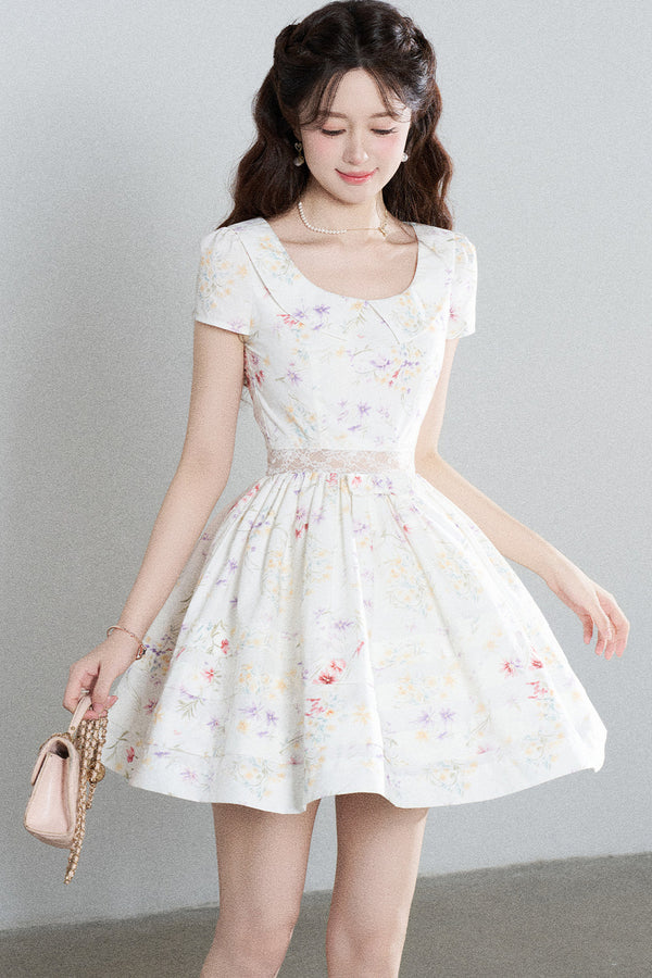 Floral Lace Cutout Waist Puff Dress