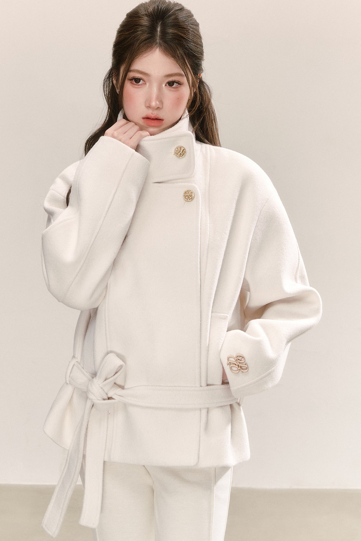 White Tie-Waist Woolen Jacket