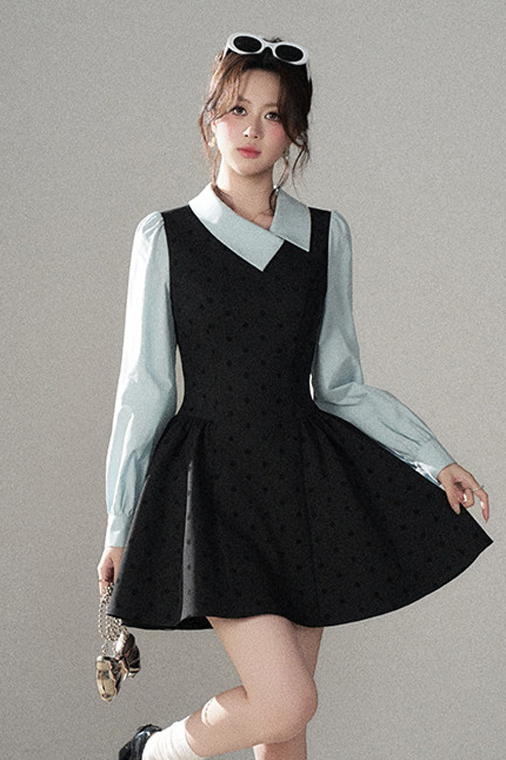 Black Polka Dot Asymmetrical Collar Dress