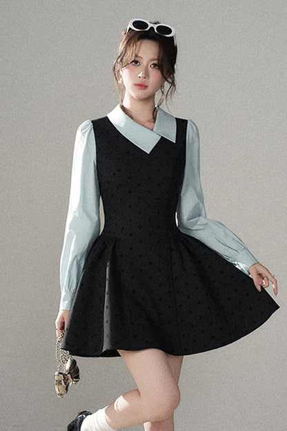 Black Polka Dot Asymmetrical Collar Dress