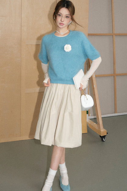 Mid-Sleeve Brushed Wool Pullover Top and A-Line Skirt Set-Up
