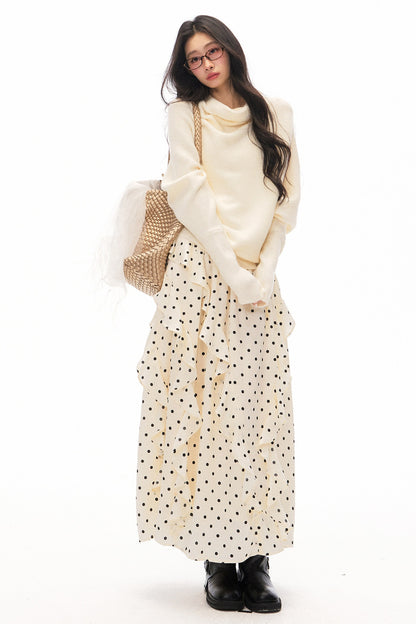 Batwing Knit Top and Polka Long Skirt Set-Up