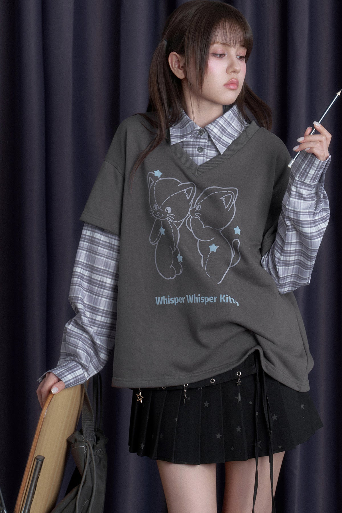 Sweatshirt im Lagenlook mit Katze und Karomuster